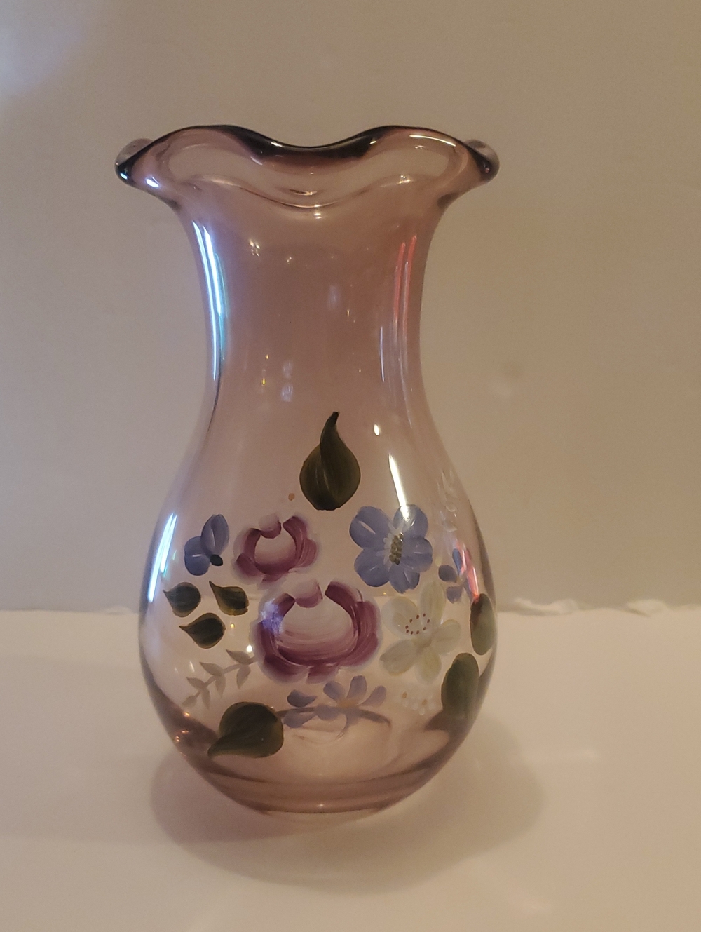 Vtg Fenton Purple Amethyst Glass Vase Hand Painted